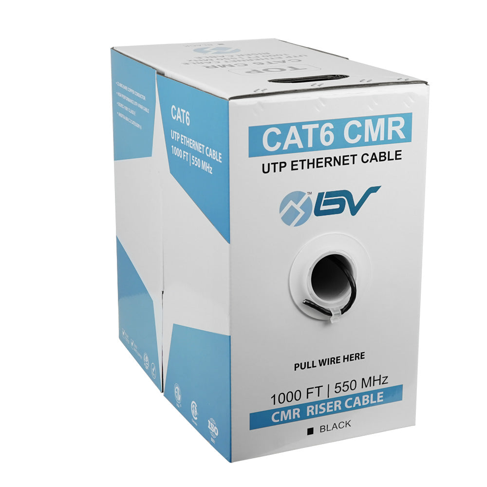 BV-Tech Cat6 Riser (CMR) Solid Bare Copper Ethernet Cable 1000ft, Black, 0.52mm Conductor