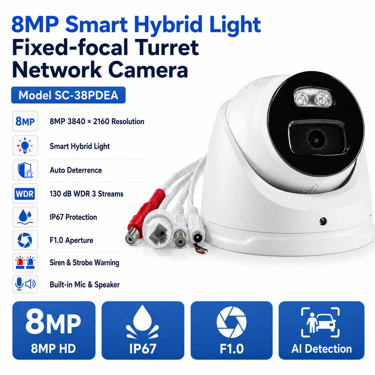 8MP Smart Hybrid Light Fixed-Focal Turret Network IP Camera | BSC-38PDEA