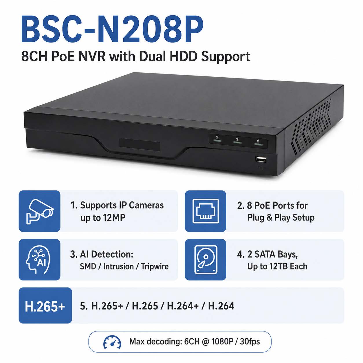 8-Channel Lite Series NVR with Dual HDD Support| BSC-N208P