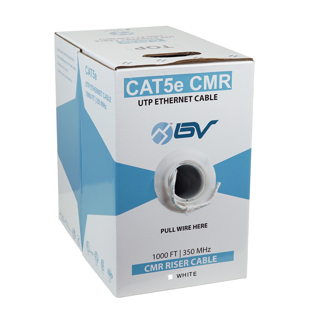 BV-Tech CAT5 Riser (CMR), Solid Bare Copper Ethernet Cable 1000ft, White, 0.45mm Conductor