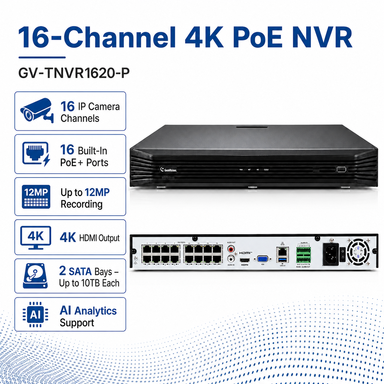 GeoVision GV-TNVR1620-P 16-Channel 4K Standalone NVR with AI Analytics (Up to 20TB)