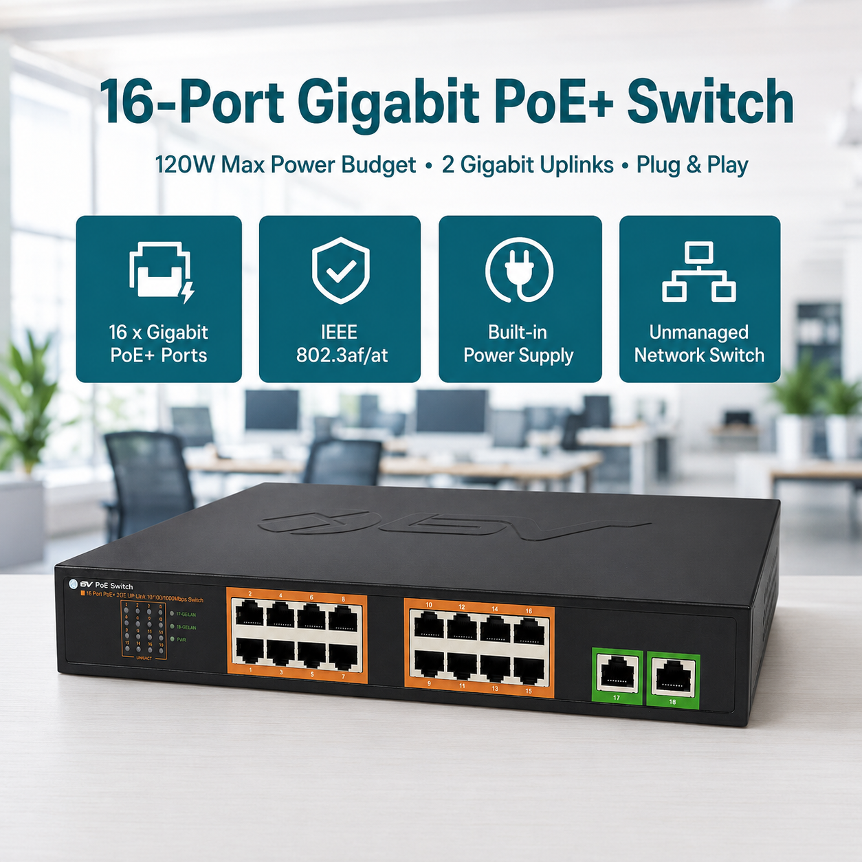 BV-Tech 16-Port Gigabit PoE Switch (POE-SW1602G) with 2 Gigabit Uplink Ports, 120W PoE Budget, 1U Rackmount