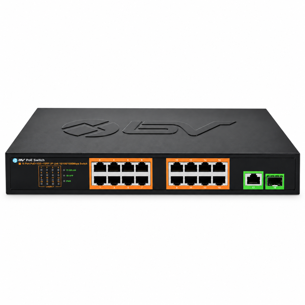 BV-Tech 16-Port Gigabit PoE+ Switch with 1 Ethernet & 1 SFP Uplink, Unmanaged | SW1611G