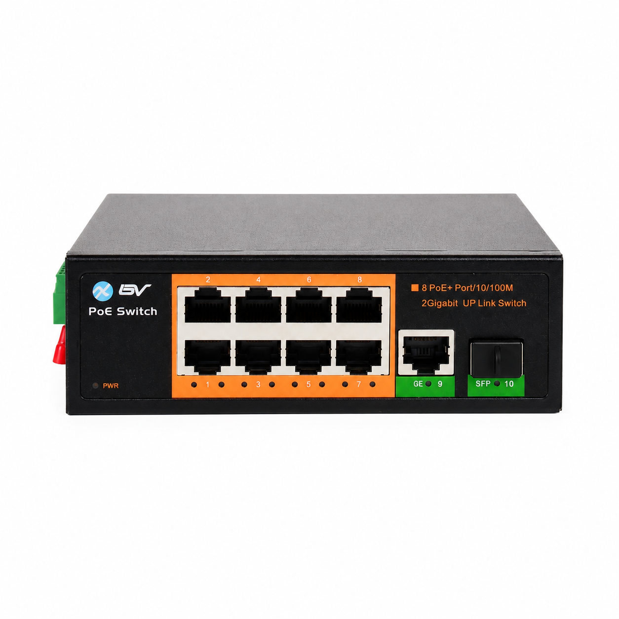 BV-Tech 8-Port Industrial DIN-Rail PoE+ Switch with 1 Gigabit RJ45 & 1 SFP Slot (120W, Plug and Play) | POE-SW811-DIN