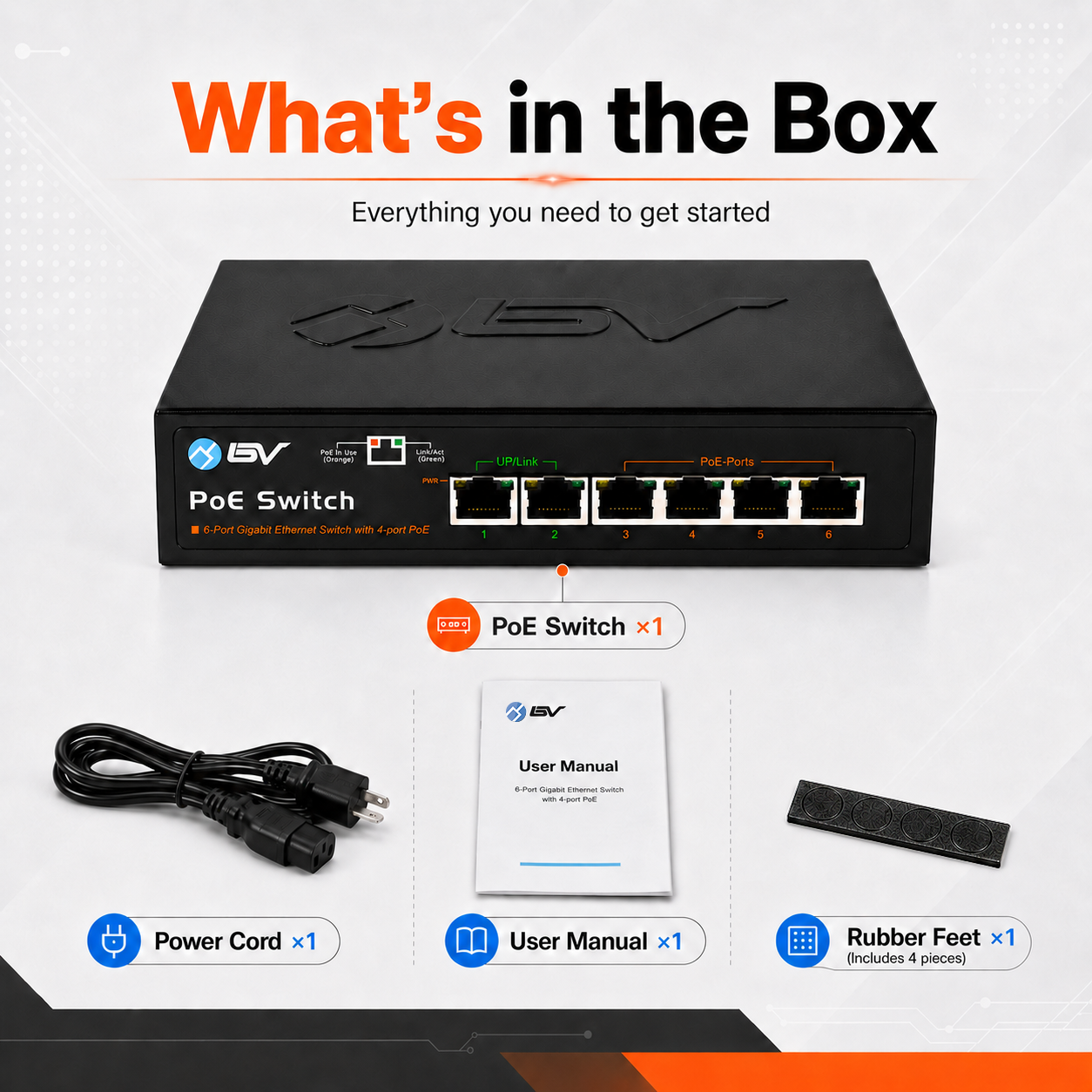 BV-Tech 6-Port Gigabit PoE+ Switch | 4 PoE+ Ports, 2 Gigabit Uplinks, 60W Total | POE-SW502G