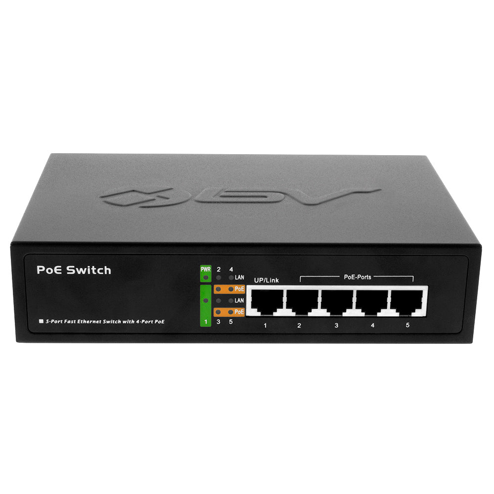 Front view of the BV-Tech 5 Port PoE+ Switch