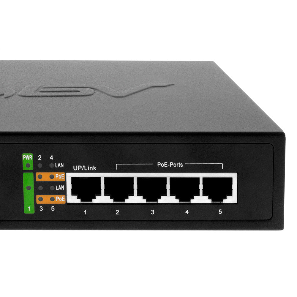 A closer front view of the BV-Tech 5 Port PoE+ Switch, showcasing the ports as well as the support LEDs.